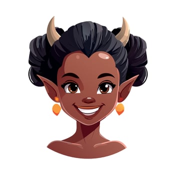 Adorable fantasy demon girl with a friendly smile, horns, and styled buns. A cute imp character portrait illustration with clean outlines vector