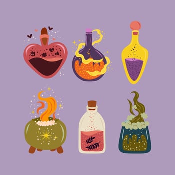 Colorful potion bottles and cauldron vector