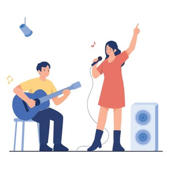 A man playing guitar and a woman singing on stage with a microphone, enjoying live music performance at a concert. vector