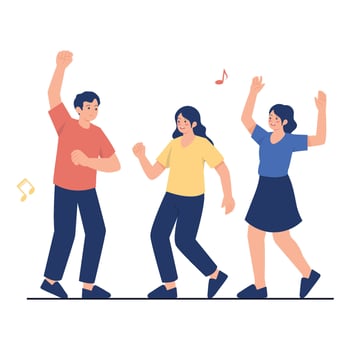 A group of friends happily dancing to music at a party or music festival, enjoying the rhythm and celebration together. vector