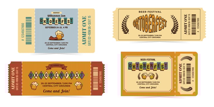 Oktoberfest entrance tickets set in mid century style. Vintage illustration isolated on white background for event, beer festival, party and more, retro colors vector