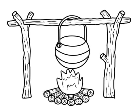 Simple Camping Cauldron Over a Campfire Black and White vector