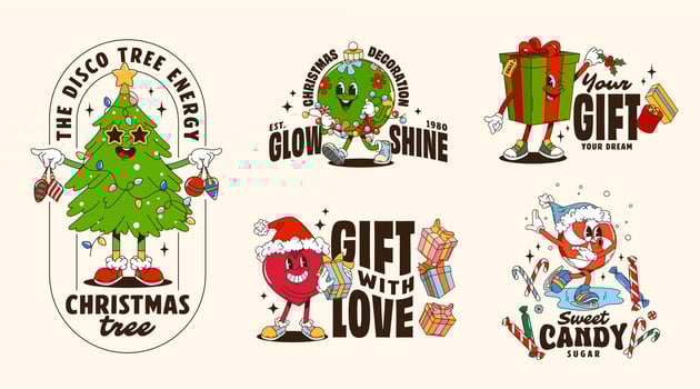 Christmas cartoon characters, retro groovy posters vector