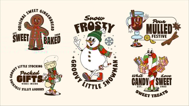 Christmas groovy cartoon characters shirt print vector