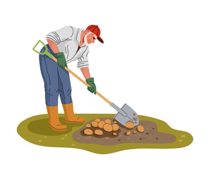 Farmer and gardener character digging potatoes vector