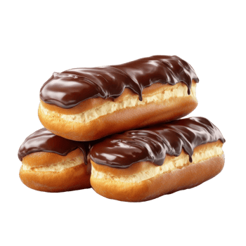 Chocolate eclairs with creamy filling and glossy chocolate glaze, delicious dessert treat with soft dough and rich topping png