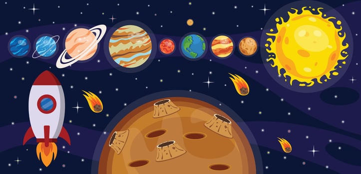 Rocket and planets in outer space vector