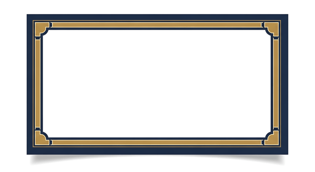 Elegant rectangular frame with dark blue and gold borders and ornate corners. png