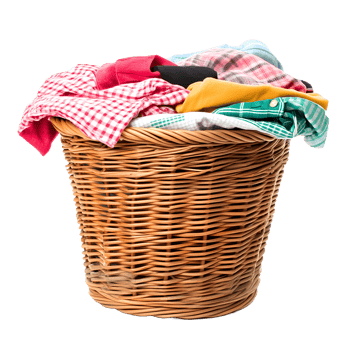 Woven wicker laundry basket overflowing with colorful clothes isolated on transparent background png
