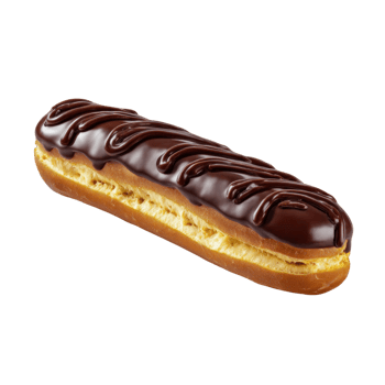 Chocolate glazed eclair with creamy filling, delicious French pastry dessert with smooth chocolate topping and soft dough png