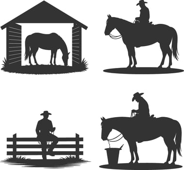 Cowboy silhouettes set of four horses and a man vector