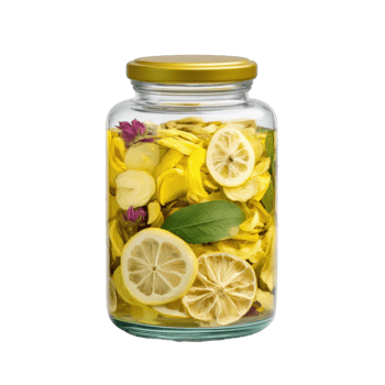 Dried lemon slices and yellow flower petals preserved in glass jar with golden lid, creating vibrant and natural decorative display png