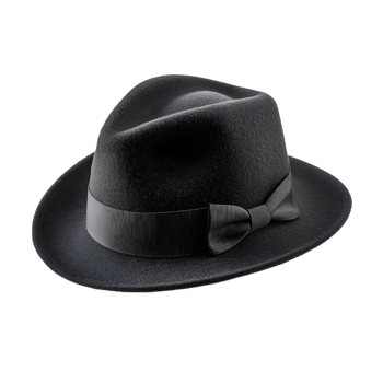 Classic black felt fedora hat with ribbon band and bow isolated on transparent background png
