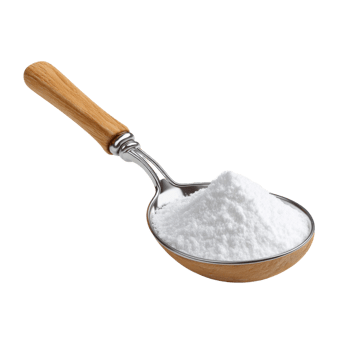 Powdered white baking soda in wooden and metal scoop with smooth handle, perfect for cooking and cleaning tasks png