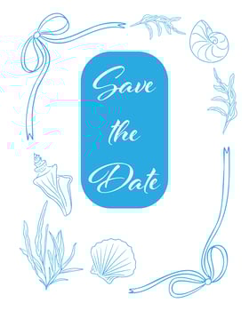 Hand drawn invitation frame with coastal elements, seashells, seaweed, and decorative bows. Illustration symbolizing seaside wedding, romantic event, and celebration announcement vector