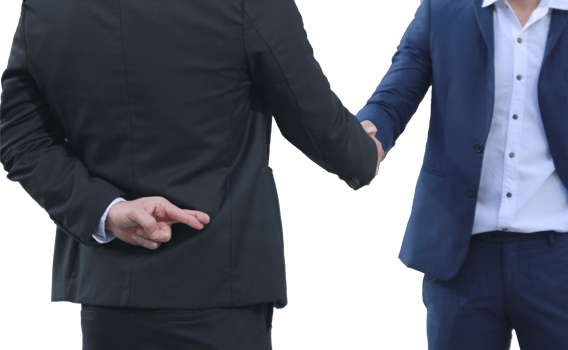 Business man shaking hand with lie sign on transparent background png