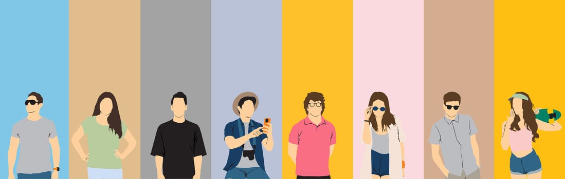 Group of stylish young adults with vibrant backgrounds vector