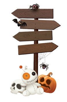 Blank old wooden direction sign isolated with 3D cute halloween's elements decorated png