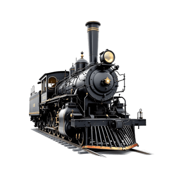 Classic black steam train on railway tracks. Retro transportation, travel, history. png