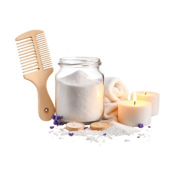 Relaxing spa day setup with bath salts, candles, and a wooden brush. png