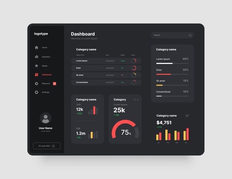 Dashboard design in dark colors. App interface with UI and UX elements. Use design for web application, desktop app or website. vector