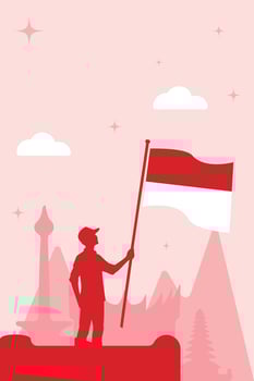 A vertical poster template for Indonesia Independence Day featuring a silhouette of a person holding the national flag. vector
