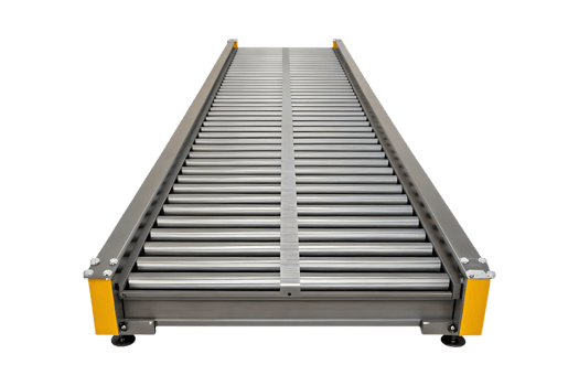 Gray Metal Roller Conveyor System with Yellow Highlights png