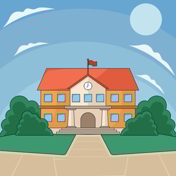 school building landscaped illustration graphic design . Educational Institution with Clock Red Roof and Flag for Represents education and learning with Beautiful cartoon style vector
