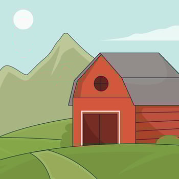Red barn Building landscaped illustration graphic design .Farm architecture of rolling green fields and distant mountains under a sunny sky for agricultural concept with beautiful cartoon style vector