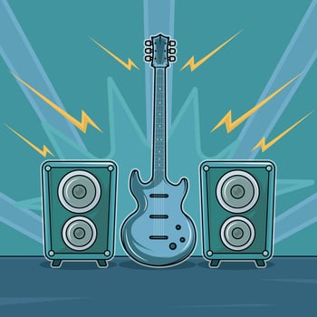 Electric guitar and speaker illustration template graphic design. Rock and Roll Concert Equipment Live Music Lightning Effect for entertainment concept with beautiful cartoon style vector