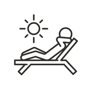 sun bath icon, sunbathing person, human on chaise lounge, natural tan, thin line illustration eps10 vector