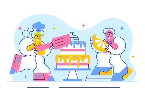 Chefs baking colorful desserts vector