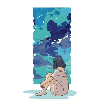 a girl sitting on the ground looking at the sky blue vector