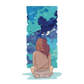 a girl sitting on the ground looking at the stars vector