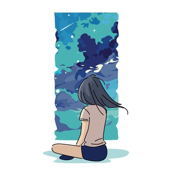 illustration girl sitting on the ground looking at the sky vector