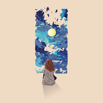 a girl is sitting in front of a starry sky vector