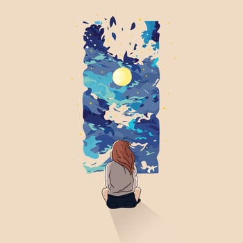 a girl is standing in front of a starry sky blue vector