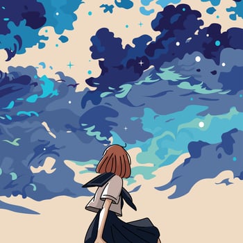 Girl looking at colorful clouds vector