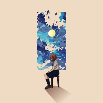 Girl sitting in front of colorful sky vector