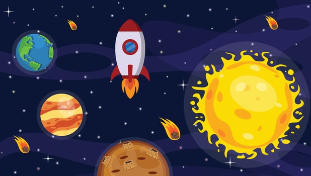 Rocket flying in space with planets vector