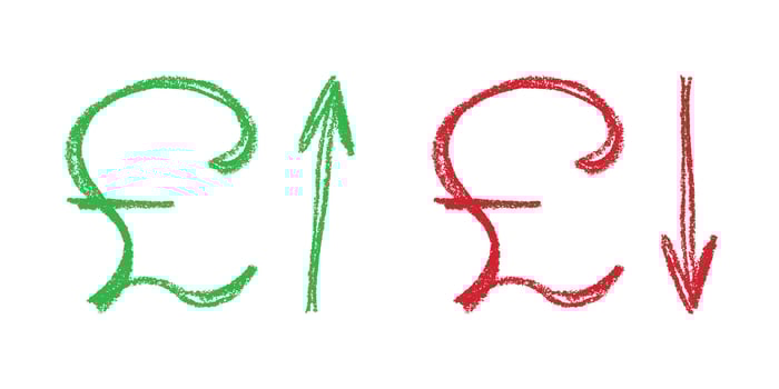 Hand drawn british pound currency symbol Growth and fall profit with arrow up and down Brush stroke doodle Element for design Money Finance vector