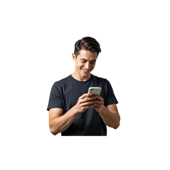 A smiling young man using a phone isolated on transparent background png
