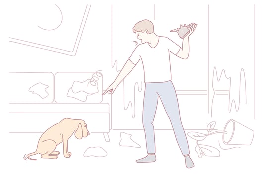 A Frustrated Man is Cleaning Up After His Playful Dogs Mess That Caused a Real Chaos vector