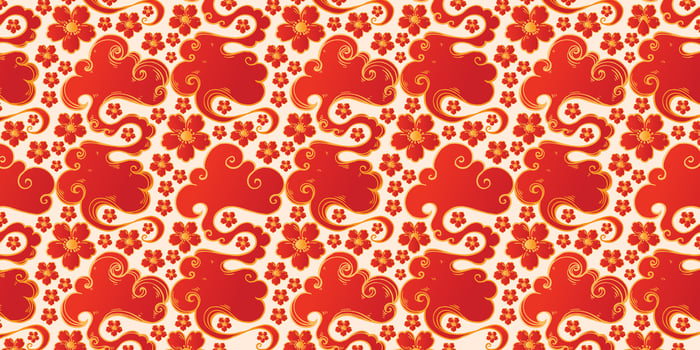 Red Asian Clouds and Flowers Seamless Pattern. Traditional Japanese and Chinese wavy clouds with gold outline and blooming florals. Elegant repeatable backdrop perfect for textiles, clothing vector