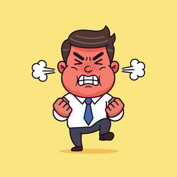 Furious cartoon businessman with a red face clenched fists and steam from his ears stomping in rage vector