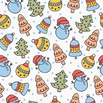 Seamless winter holiday pattern with hand drawn cute snowman, Christmas tree and bells for fabric, wrapping paper, cover design. vector