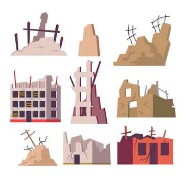Set of old ruined building collection, abandoned and collapsed city office buildings. Apartment houses damaged war or earthquake. Broken town buildings, Destroyed buildings, collapsed walls and broken vector