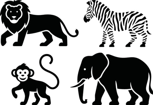 Black silhouette icons of African safari animals lion vector