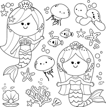 Cute mermaid princess girls, sea animals and fish under the sea. Cute mermaid sirens swim underwater. Black and white coloring page vector