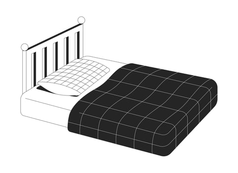 Neatly made single bed with wooden headboard 2D line object. Bedroom furniture with cozy bedding. Soft mattress checkered blanket isolated clipart ink outline item. Monochrome spot illustration vector